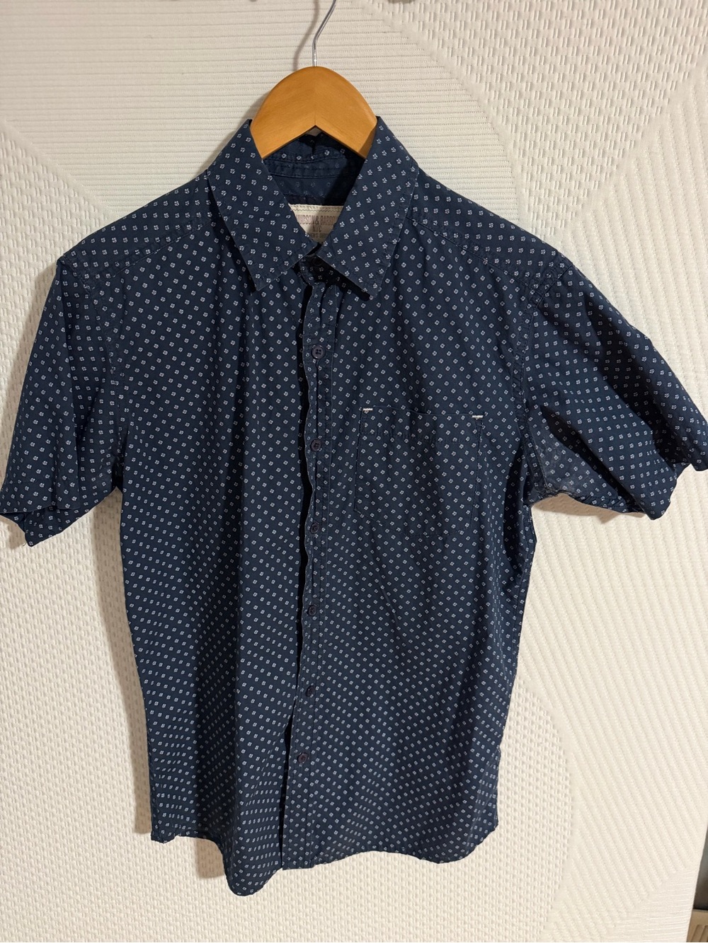 Men's Navy Short-Sleeve Button-Down Shirt with Micro Dot Print